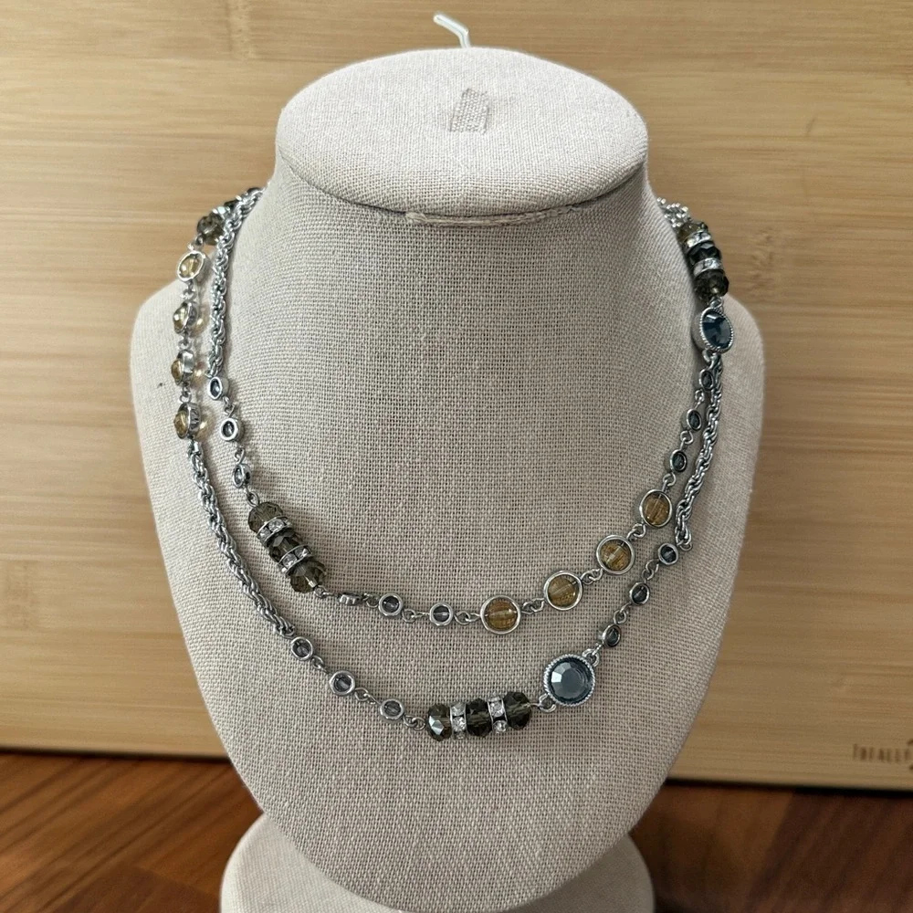 Loft Silver Tone Smoky Blue Gray Brown Beaded Long Drop Necklace Casual earthy